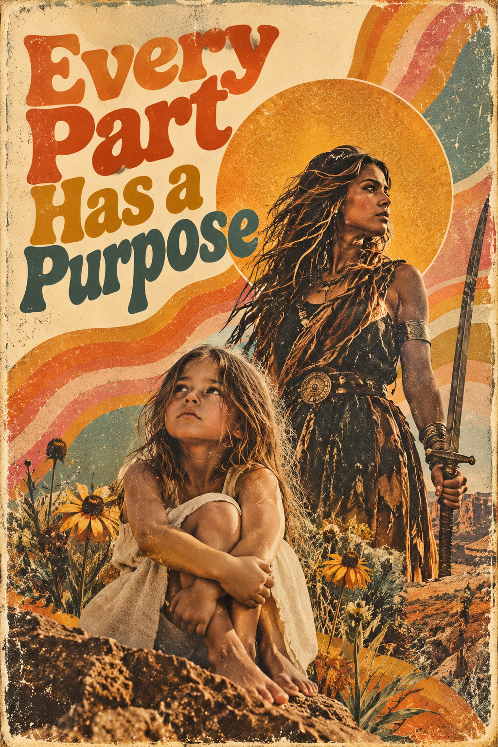 Every Part Has a Purpose, a textured 1970s-style poster of a young girl and an older protective version of herself holding a sword